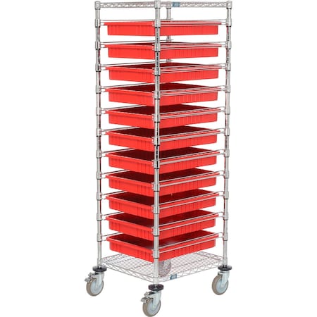 Global Industrial Chrome Wire Cart With 11 3inH Red Grid Containers, 21x24x69 269029RD